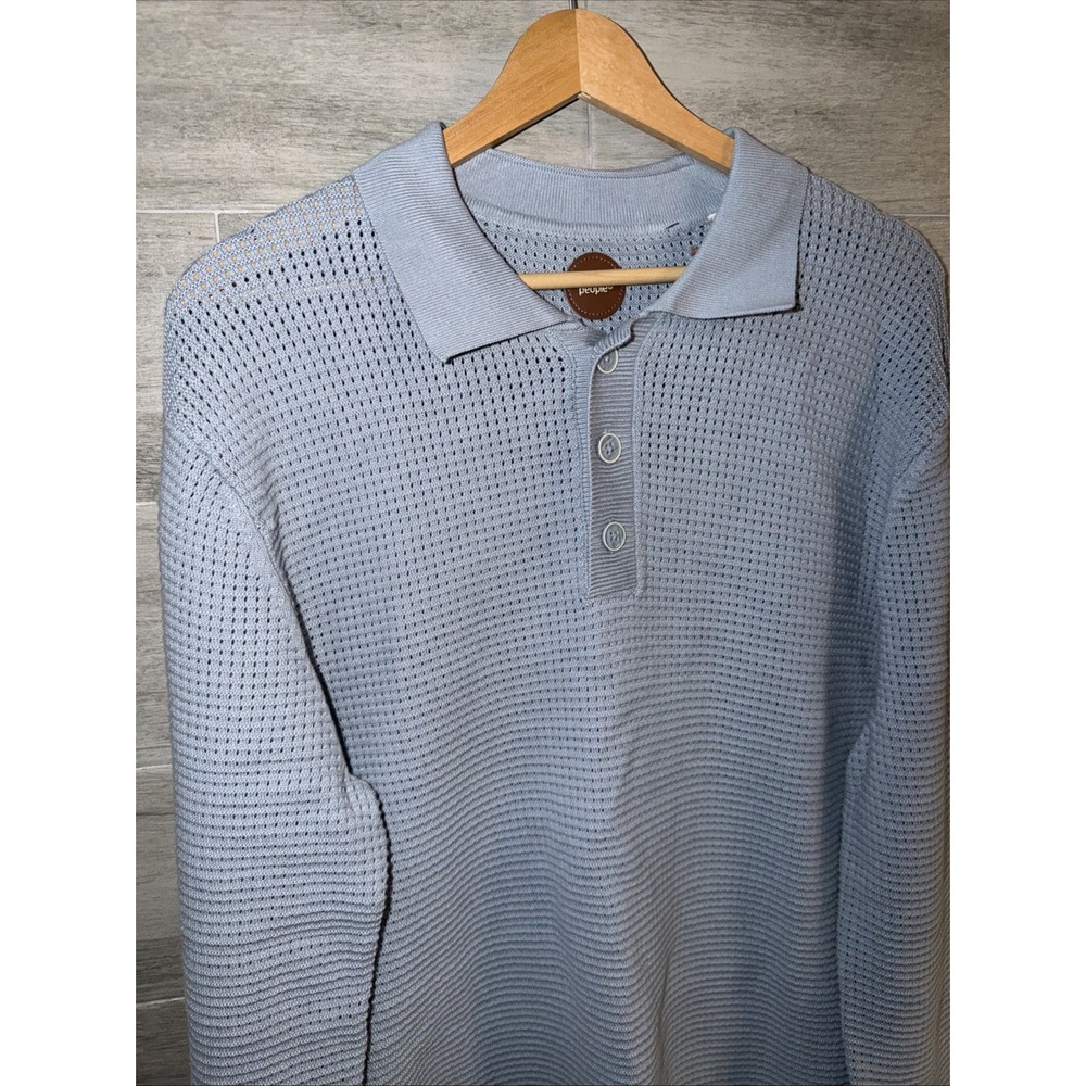 Common People Men's Medium Massie Long Sleeve Textured Sweater Polo Blue NWT - Picture 2 of 8